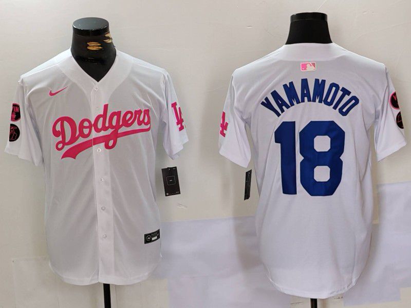 Men Los Angeles Dodgers #18 Yamamoto White pink joint name 2024 Nike MLB Jersey style 1->los angeles dodgers->MLB Jersey